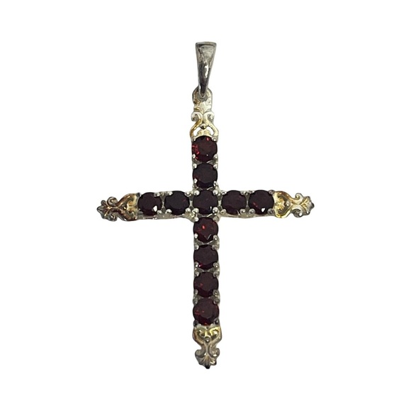 Sterling Silver Cross Pendant with Garnet Colored Stones - Picture 2 of 5